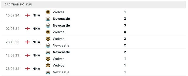 Thành tích đối đầu Newcastle vs Wolves
