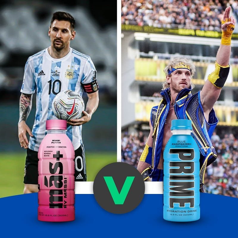 Hình ảnh đồ uống Mas+ của Messi và Prime của Logan Paul