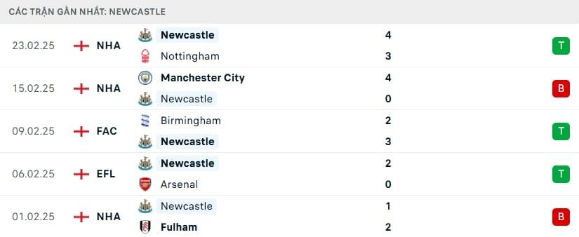 Phong độ gần đây của Newcastle